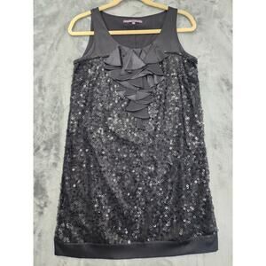 Hale Bob Silk Ruffle Circular Sequin Sleeveless Mini Dress Size S Black Shift